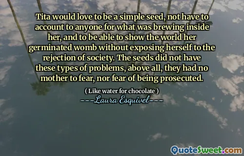 Tita would love to be a simple seed, not have to account to anyone for what was brewing inside her, and to be able to show the world her germinated womb without exposing herself to the rejection of society. The seeds did not have these types of problems, above all, they had no mother to fear, nor fear of being prosecuted.