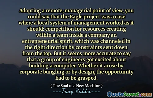 Adopting a remote, managerial point of view, you could say that the Eagle project was a case where a local system of management worked as it should: competition for resources creating within a team inside a company an entrepreneurial spirit, which was channeled in the right direction by constraints sent down from the top. But it seems more accurate to say that a group of engineers got excited about building a computer. Whether it arose by corporate bungling or by design, the opportunity had to be grasped.