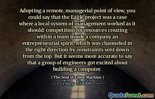 Adopting a remote, managerial point of view, you could say that the Eagle project was a case where a local system of management worked as it should: competition for resources creating within a team inside a company an entrepreneurial spirit, which was channeled in the right direction by constraints sent down from the top. But it seems more accurate to say that a group of engineers got excited about building a computer.