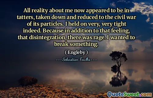 Alle Realität über mich schien nun in Trümmern zu sein, niedergeschlagen und auf den Bürgerkrieg seiner Partikel zu reduzieren. Ich hielt in der Tat sehr, sehr eng fest. Denn zusätzlich zu diesem Gefühl, dieser Zerfall, gab es Wut. Ich wollte etwas brechen.