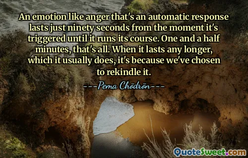 An emotion like anger that's an automatic response lasts just ninety seconds from the moment it's triggered until it runs its course. One and a half minutes, that's all. When it lasts any longer, which it usually does, it's because we've chosen to rekindle it.