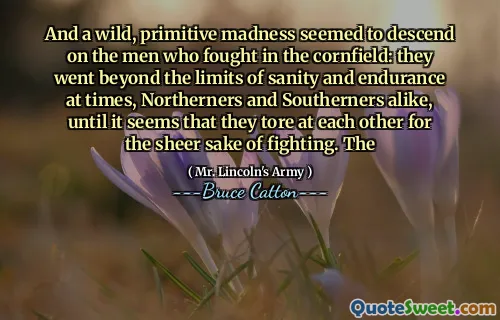 And a wild, primitive madness seemed to descend on the men who fought in the cornfield: they went beyond the limits of sanity and endurance at times, Northerners and Southerners alike, until it seems that they tore at each other for the sheer sake of fighting. The