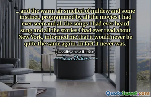 ... and the warm air smelled of mildew and some instinct, programmed by all the movies I had ever seen and all the songs I had ever heard sung and all the stories I had ever read about New York, informed me that it would never be quite the same again. In fact it never was.
