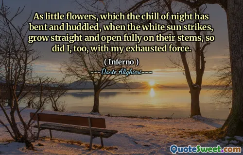 As little flowers, which the chill of night has bent and huddled, when the white sun strikes, grow straight and open fully on their stems, so did I, too, with my exhausted force.