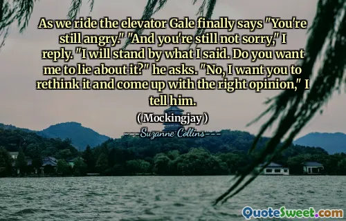 As we ride the elevator Gale finally says "You're still angry." "And you're still not sorry," I reply. "I will stand by what I said. Do you want me to lie about it?" he asks. "No, I want you to rethink it and come up with the right opinion," I tell him.