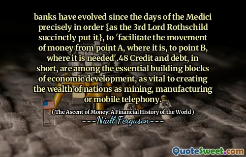 banks have evolved since the days of the Medici precisely in order {as the 3rd Lord Rothschild succinctly put it}, to 'facilitate the movement of money from point A, where it is, to point B, where it is needed'.48 Credit and debt, in short, are among the essential building blocks of economic development, as vital to creating the wealth of nations as mining, manufacturing or mobile telephony.