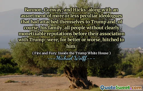 Bannon, Conway, and Hicks-along with an assortment of more or less peculiar ideologues that had attached themselves to Trump and, of course, his family, all people without clearly monetizable reputations before their association with Trump-were, for better or worse, hitched to him.