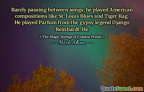他在歌曲之间几乎没有暂停，他演奏了《圣路易斯·布鲁斯》和《老虎抹布》等美国作品。他扮演吉普赛传奇人物Django Reinhardt的Parfum。他
