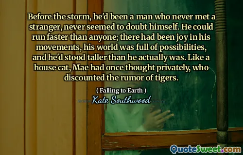 Before the storm, he'd been a man who never met a stranger, never seemed to doubt himself. He could run faster than anyone; there had been joy in his movements, his world was full of possibilities, and he'd stood taller than he actually was. Like a house cat, Mae had once thought privately, who discounted the rumor of tigers.