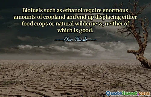 Biofuels such as ethanol require enormous amounts of cropland and end up displacing either food crops or natural wilderness, neither of which is good.
