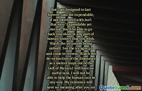 但我的设计目的是永远持续下去，消耗品说，如果不受到干扰的话。这不是很好吗？可消耗却永恒。你将能够回去观察你想要的人类历史的任何部分。观看金字塔被拆除。观看冰河时代的消逝和逆转。当一颗流星从墨西哥湾跃出时，观看恐龙的灭绝。我不会有任何有用的任务。我将无法以任何方式帮助人类。你死后我的存在就没有意义了。现在你知道人类一直以来的感受了。
