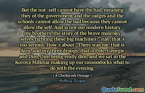 But the not-self cannot have the bad, meaning they of the government and the judges and the schools cannot allow the bad because they cannot allow the self. And is not our modern history, my brothers, the story of the brave malenky selves fighting these big machines?"nah, that's too serious. How's about:"There was me, that is Alex, and my three droogs, that is Pete, Georgie and Dim, Dim being really dim, and we sat in the Korova Milkbar making up our rassoodocks what to do with the evening.