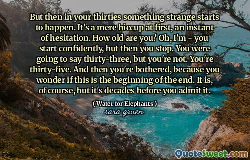 But then in your thirties something strange starts to happen. It's a mere hiccup at first, an instant of hesitation. How old are you? Oh, I'm - you start confidently, but then you stop. You were going to say thirty-three, but you're not. You're thirty-five. And then you're bothered, because you wonder if this is the beginning of the end. It is, of course, but it's decades before you admit it.