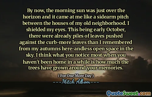 到现在为止，早晨的阳光就在地平线上了，它像我旧社区房屋之间的侧脚一样来到我身边。我遮住了眼睛。这是10月初，已经有成堆的叶子被推到路边的叶子上，而不是我从秋天开始的秋天所记得的。我认为您一段时间没有回家的时候最想到的是树木在记忆中生长了多少。