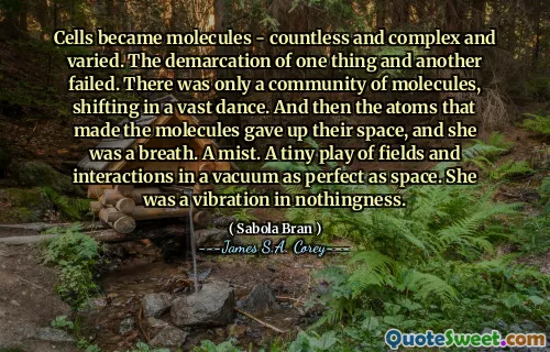 Cells became molecules - countless and complex and varied. The demarcation of one thing and another failed. There was only a community of molecules, shifting in a vast dance. And then the atoms that made the molecules gave up their space, and she was a breath. A mist. A tiny play of fields and interactions in a vacuum as perfect as space. She was a vibration in nothingness.