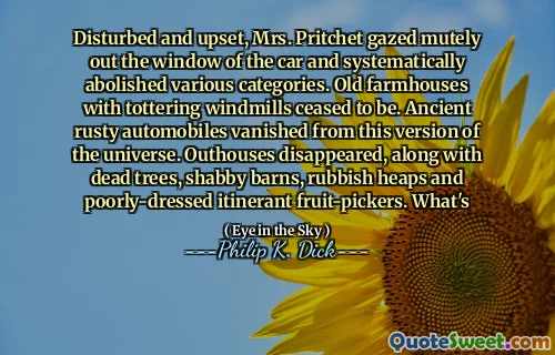 Forstyrret og opprørt, stirret fru Pritchet ut i bilens vindu og opphevet systematisk forskjellige kategorier. Gamle gårdshus med utroende vindmøller opphørte å være. Gamle rustne biler forsvant fra denne versjonen av universet. Outhouses forsvant, sammen med døde trær, loslitt fjøs, søppelhauger og dårlig kledde reiserute fruktplukkere. Hva er
