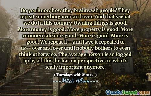 Do you know how they brainwash people? They repeat something over and over. And that's what we do in this country. Owning things is good. More money is good. More property is good. More commercialism is good. More is good. More is good. We repeat it-- and have it repeated to us-- over and over until nobody bothers to even think otherwise. The average person is so fogged up by all this, he has no perspective on what's really important anymore.