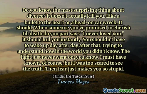 Do you know the most surprising thing about divorce? It doesn't actually kill you. Like a bullet to the heart or a head-on car wreck. It should. When someone you've promised to cherish till death do you part says "I never loved you," it should kill you instantly. You shouldn't have to wake up day after day after that, trying to understand how in the world you didn't know. The light just never went on, you know. I must have known, of course, but I was too scared to see the truth. Then fear just makes you so stupid.