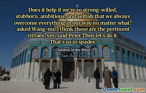 如果我们意志坚强、固执、雄心勃勃、自私，无论如何都能克服一切困难，这会有帮助吗？王母问。我认为这些都是相关的美德，是的，彼得说。那么我们就这样做吧。这就是我们。