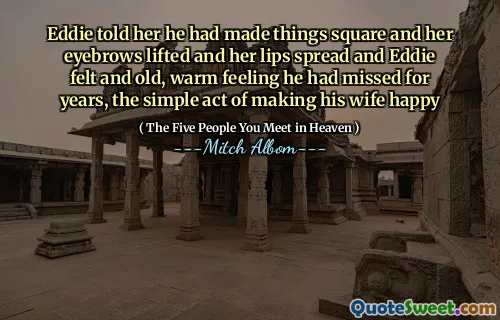 Eddie vertelde haar dat hij dingen vierkant had gemaakt en haar wenkbrauwen waren opgetild en haar lippen verspreidden en Eddie voelde en oud, warm gevoel dat hij al jaren had gemist, de eenvoudige daad van het gelukkig maken van zijn vrouw