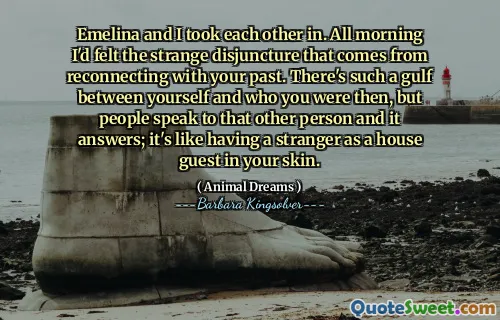 Emelina and I took each other in. All morning I'd felt the strange disjuncture that comes from reconnecting with your past. There's such a gulf between yourself and who you were then, but people speak to that other person and it answers; it's like having a stranger as a house guest in your skin.