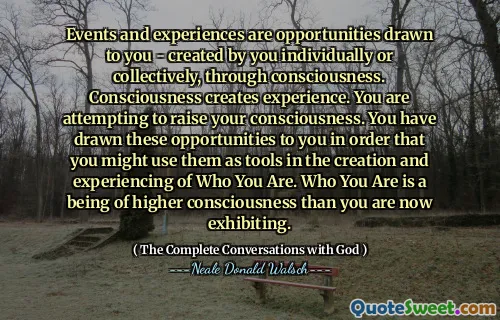 Events and experiences are opportunities drawn to you - created by you individually or collectively, through consciousness. Consciousness creates experience. You are attempting to raise your consciousness. You have drawn these opportunities to you in order that you might use them as tools in the creation and experiencing of Who You Are. Who You Are is a being of higher consciousness than you are now exhibiting.