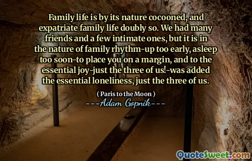 家庭生活本质上是茧的，并且是双重的家庭生活。我们有很多朋友和几个亲密的朋友，但这是家庭节奏的本质，为时过早，睡着了，让您保持边缘的余地，而对于我们三个人来说，这是我们三个人的基本欢乐！基本的孤独，只是我们三个人。