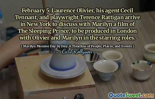 February 5: Laurence Olivier, his agent Cecil Tennant, and playwright Terence Rattigan arrive in New York to discuss with Marilyn a film of The Sleeping Prince, to be produced in London with Olivier and Marilyn in the starring roles.