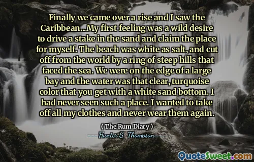 终于，我们崛起了，我看到了加勒比海……我的第一种感觉是一种渴望在沙滩上占领并为自己声称自己的地方的渴望。海滩是盐的白色，并被面对大海的陡峭山丘割断了世界。我们处在一个大海湾的边缘，水是那种淡淡的绿松石色，您可以用白色的沙子底部获得。我从未见过这样的地方。我想脱下所有的衣服，再也不会穿。
