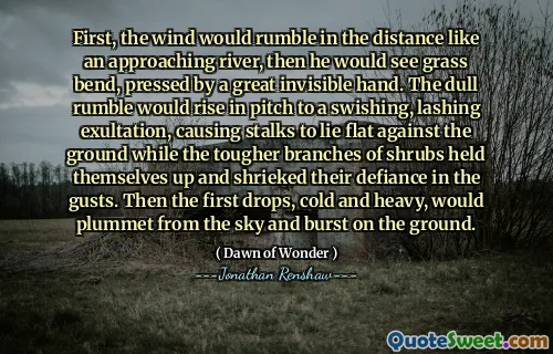 First, the wind would rumble in the distance like an approaching river, then he would see grass bend, pressed by a great invisible hand. The dull rumble would rise in pitch to a swishing, lashing exultation, causing stalks to lie flat against the ground while the tougher branches of shrubs held themselves up and shrieked their defiance in the gusts. Then the first drops, cold and heavy, would plummet from the sky and burst on the ground.
