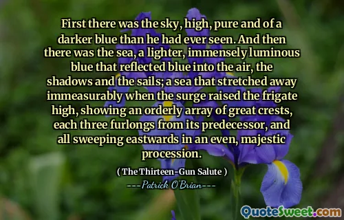 First there was the sky, high, pure and of a darker blue than he had ever seen. And then there was the sea, a lighter, immensely luminous blue that reflected blue into the air, the shadows and the sails; a sea that stretched away immeasurably when the surge raised the frigate high, showing an orderly array of great crests, each three furlongs from its predecessor, and all sweeping eastwards in an even, majestic procession.