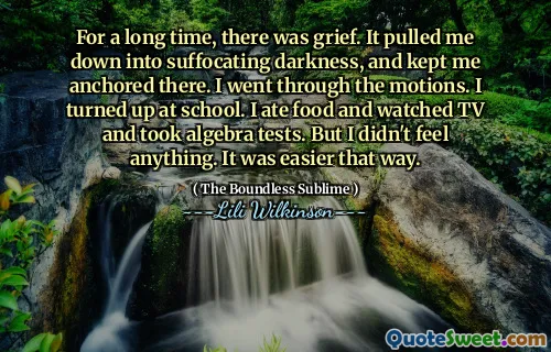 For a long time, there was grief. It pulled me down into suffocating darkness, and kept me anchored there. I went through the motions. I turned up at school. I ate food and watched TV and took algebra tests. But I didn't feel anything. It was easier that way.