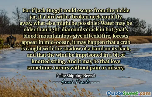 For if Jack Buggit could escape from the pickle jar, if a bird with a broken neck could fly away, what else might be possible? Water may be older than light, diamonds crack in hot goat's blood, mountaintops give off cold fire, forests appear in mid-ocean, it may happen that a crab is caught with the shadow of a hand on its back, and that the wind be imprisoned in a bit of knotted string. And it may be that love sometimes occurs without pain or misery.