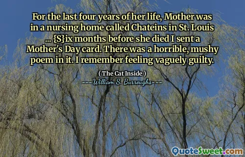 在她生命的最后四年中，母亲在圣路易斯的一个名为Chateins的疗养院里... {S} IX前几个月，我去世了，我发送了一张母亲节卡。里面有一首可怕的糊状诗。我记得觉得有罪。