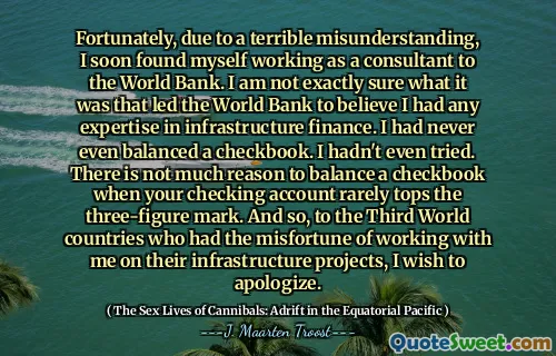 Fortunately, due to a terrible misunderstanding, I soon found myself working as a consultant to the World Bank. I am not exactly sure what it was that led the World Bank to believe I had any expertise in infrastructure finance. I had never even balanced a checkbook. I hadn't even tried. There is not much reason to balance a checkbook when your checking account rarely tops the three-figure mark. And so, to the Third World countries who had the misfortune of working with me on their infrastructure projects, I wish to apologize.
