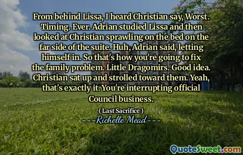 From behind Lissa, I heard Christian say, Worst. Timing. Ever. Adrian studied Lissa and then looked at Christian sprawling on the bed on the far side of the suite. Huh, Adrian said, letting himself in. So that's how you're going to fix the family problem. Little Dragomirs. Good idea. Christian sat up and strolled toward them. Yeah, that's exactly it. You're interrupting official Council business.