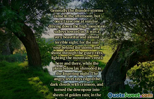 Generally the thunder-storms came in the afternoon, but once I saw one at sunrise, driving down the high mountain valleys toward us. It was a very beautiful and almost terrible sight; for the sun rose behind the storm, and shone through the gusty rifts, lighting the mountain-crests here and there, while the plain below lay shrouded in the lingering night. The angry, level rays edged the dark clouds with crimson, and turned the downpour into sheets of golden rain; in the valleys the glimmering mists were tinted every wild hue; and the remotest heavens were lit with flaming glory.