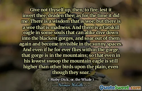 Ge inte dig själv upp för att skjuta, så att det inte kan invertera dig, döda dig; När det gäller den tid det gjorde mig. Det finns en visdom som är ve; Men det finns en oro som är galenskap. Och det finns en Catskill -örn i vissa själar som kan dyka ner i de svartaste ravinerna, och sväva ut ur dem igen och bli osynliga i de soliga utrymmena. Och även om han för alltid flyger inom ravinen, är den ravinen i bergen; så att även i hans lägsta sväng är Mountain Eagle fortfarande högre än andra fåglar på slätten, även om de svävar.