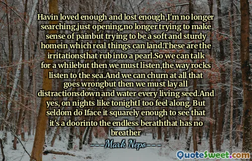 哈文（Havin Havin）足够热爱并且失去了足够的爱，我不再搜索，不再只是试图让疼痛感，试图成为一个柔软而坚固的家乡，真实的东西可以降落。今晚我也感到。但是很少有iface它足够直接地看到它是一个门into，无尽的berathth没有喘息