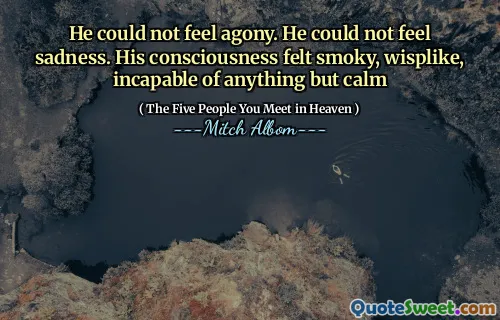 Er konnte sich nicht qualvoll fühlen. Er konnte keine Traurigkeit fühlen. Sein Bewusstsein fühlte sich rauchig, weise, unfähig zu irgendetwas anderes als Ruhe