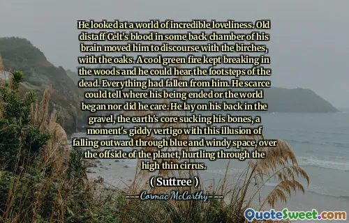 He looked at a world of incredible loveliness. Old distaff Celt's blood in some back chamber of his brain moved him to discourse with the birches, with the oaks. A cool green fire kept breaking in the woods and he could hear the footsteps of the dead. Everything had fallen from him. He scarce could tell where his being ended or the world began nor did he care. He lay on his back in the gravel, the earth's core sucking his bones, a moment's giddy vertigo with this illusion of falling outward through blue and windy space, over the offside of the planet, hurtling through the high thin cirrus.