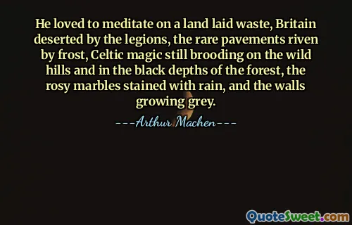 He loved to meditate on a land laid waste, Britain deserted by the legions, the rare pavements riven by frost, Celtic magic still brooding on the wild hills and in the black depths of the forest, the rosy marbles stained with rain, and the walls growing grey.