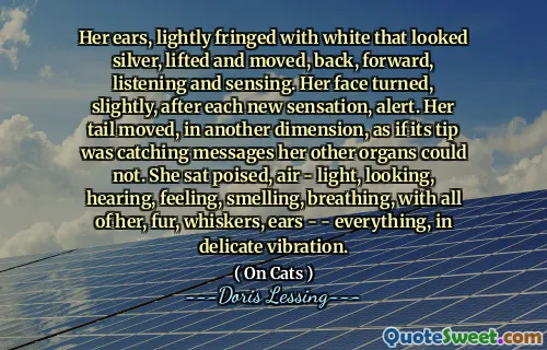 Her ears, lightly fringed with white that looked silver, lifted and moved, back, forward, listening and sensing. Her face turned, slightly, after each new sensation, alert. Her tail moved, in another dimension, as if its tip was catching messages her other organs could not. She sat poised, air - light, looking, hearing, feeling, smelling, breathing, with all of her, fur, whiskers, ears - - everything, in delicate vibration.