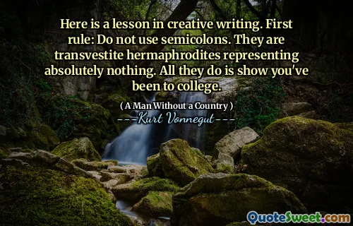 这是创意写作的一课。第一规则：请勿使用分号。它们是无用的hermaphrodites，绝对没有代表。他们所做的就是表明您去过大学。