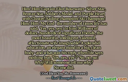 له! له! الكابتن إليوت روزووتر - سيلفر ستار ، نجم برونزي ، ميدالية الجندي ، والقلب الأرجواني مع الكتلة! بطل الإبحار! بطل التزلج! له! له! يا إلهي - عدد الأوقات التي قال فيها الحياة ، "نعم ، نعم ، نعم ،" له! ملايين الدولارات ، والمئات من الأصدقاء المهمين ، وأجمل زوجة ، وذكية ، وموهوبة ، وعاطفية يمكن تخيلها! تعليم رائع ، عقل أنيق في جسد كبير ونظيف - وماذا كان رده عندما لا تقول الحياة شيئًا سوى "نعم ، نعم ، نعم"؟ "لا ، لا ، لا."
لماذا؟ هل سيخبرني أحد لماذا؟
لم يفعل أحد.