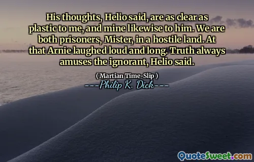 Helio说，他的想法对我来说和塑料一样清晰，对他也是我的。我们都是敌对土地上的囚犯，先生。那个阿尼大声笑了起来。赫利奥说，真理总是很有趣。