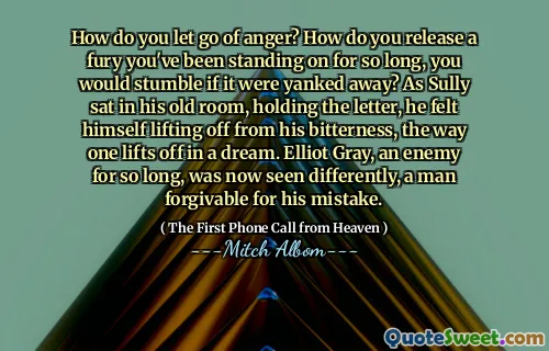 How do you let go of anger? How do you release a fury you've been standing on for so long, you would stumble if it were yanked away? As Sully sat in his old room, holding the letter, he felt himself lifting off from his bitterness, the way one lifts off in a dream. Elliot Gray, an enemy for so long, was now seen differently, a man forgivable for his mistake.