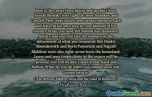 如何远离我所爱的地方和人。约瑟夫·布罗德斯基（Joseph Brodsky）是对的。纳博科夫和康拉德也是如此。他们是从未回来的艺术家。每个人都以自己的方式尝试治愈自己的国家。您留下的东西已经消失了。返回，您将面临您所珍视的缺席或污损。但是Dmitri Shostakovich和Boris Pasternak和Naguib Mahfouz也是正确的：永远不要离开家园。离开，您与源的连接将被切断。您将就像一个死去的后备箱，坚硬而空心。当您无法离开并且无法返回时，您会做什么？