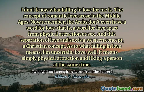 我不知道坠入爱河是什么。中世纪出现了浪漫爱情的概念。现在请记住，阿拉伯人甚至没有一个爱的话，也就是说，除了身体上的吸引力或性爱之外，爱的词。爱与性别的这种分离是一个西方概念，是基督教的概念。至于坠入爱河的含义，我不确定。爱，好吧，这意味着同时简单地吸引人，并喜欢一个人。