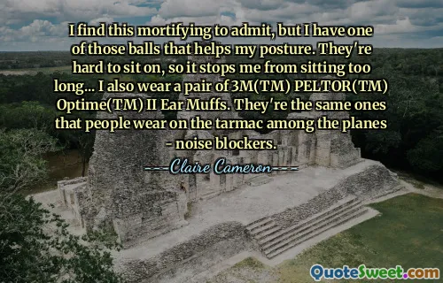 Je trouve cela mortifiant de l'admettre, mais j'ai une de ces boules qui améliorent ma posture. Il est difficile de s'asseoir dessus, donc cela m'empêche de rester assis trop longtemps... Je porte également une paire de cache-oreilles 3M(TM) PELTOR(TM) Optime(TM) II. Ce sont les mêmes que ceux que les gens portent sur le tarmac des avions : des antibruit.